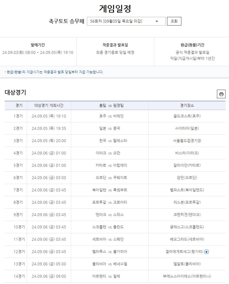 스포츠토토, 대한민국-팔레스타인전 대상경기 포함 축구토토 승무패 56회차 발매 개시